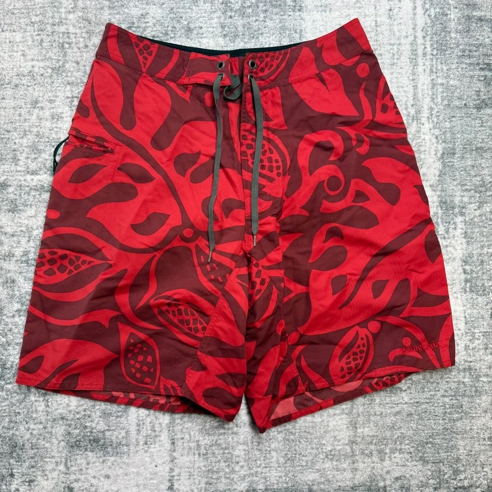 Patagonia Wavefarer Board Shorts Mens 32 Red Floral Hawaiian Swim Trunks‎ Beach